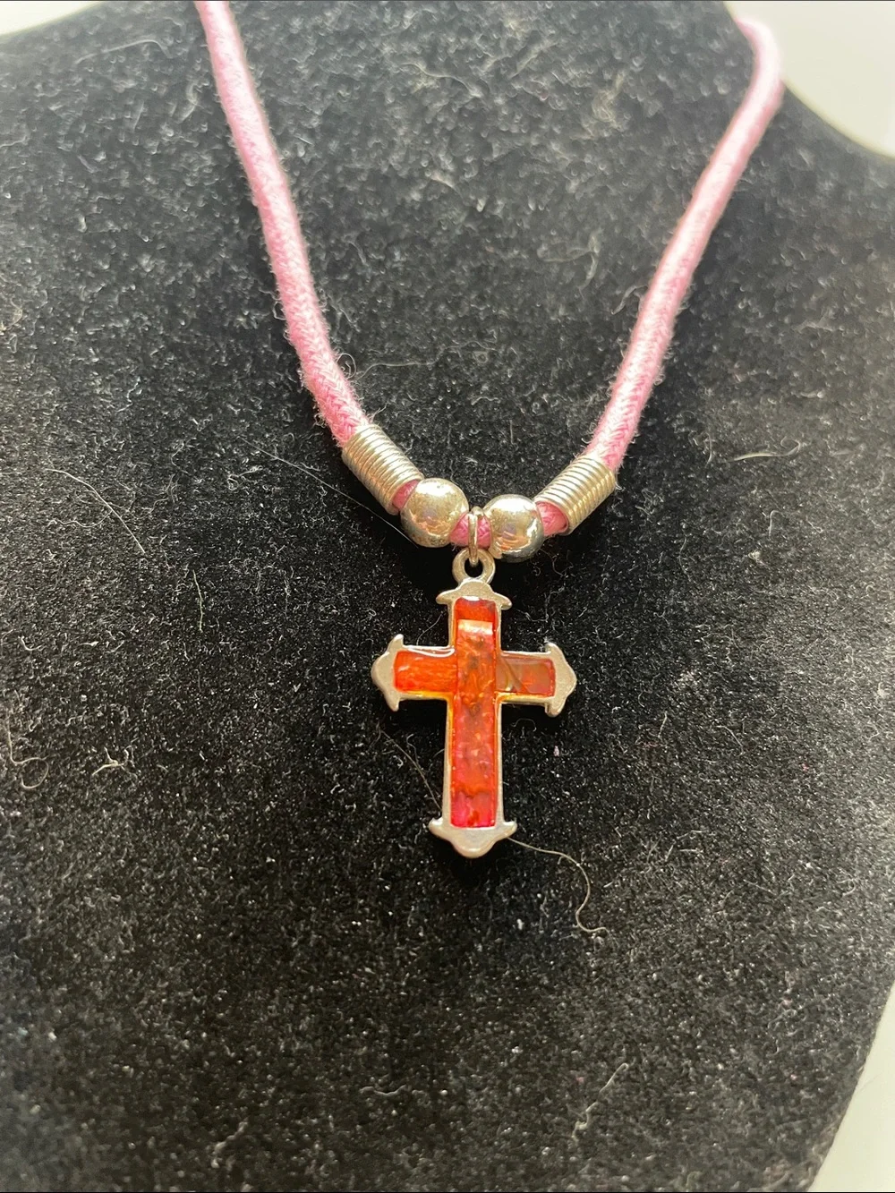 Pink Cord Necklace with Orange Cross Pendant